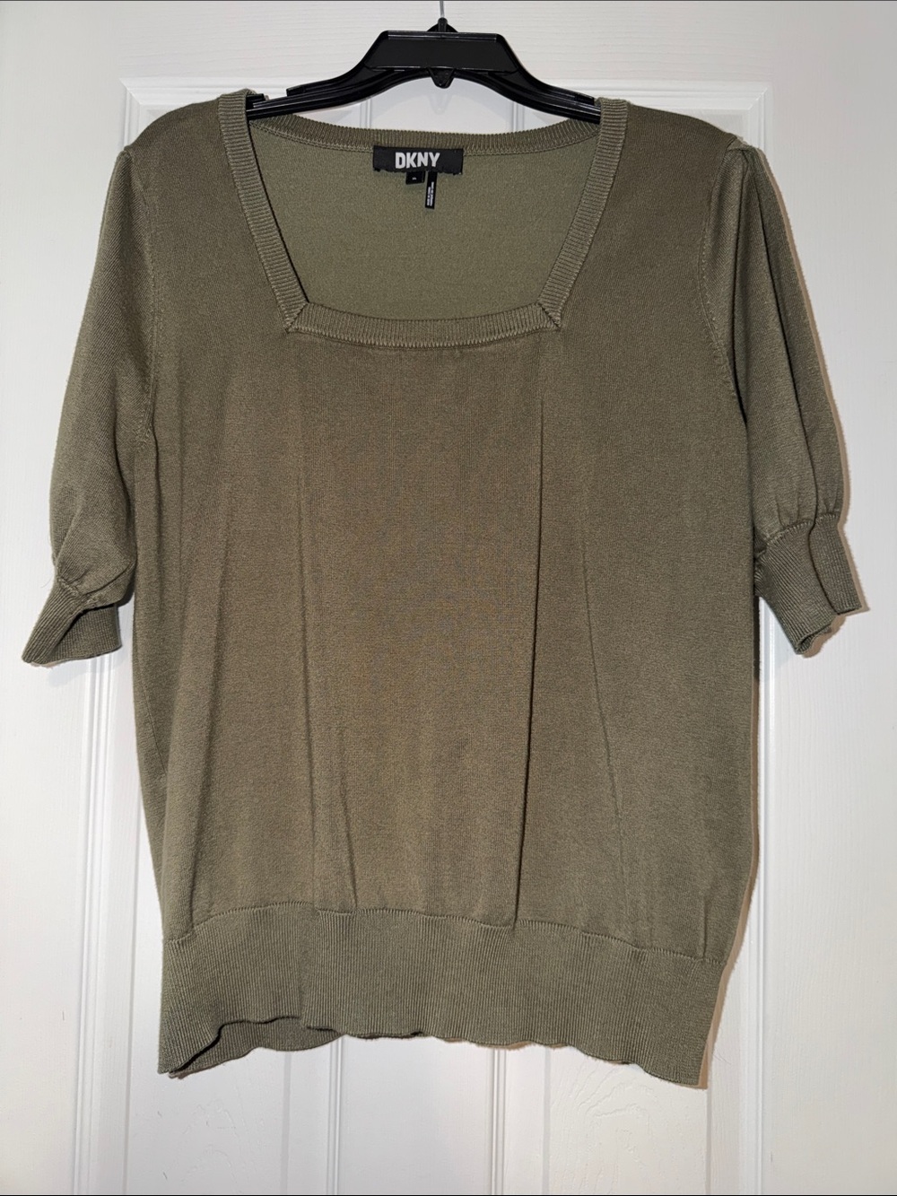 DKNY Olive Green Short Sleeve Square-Neck Knit Top